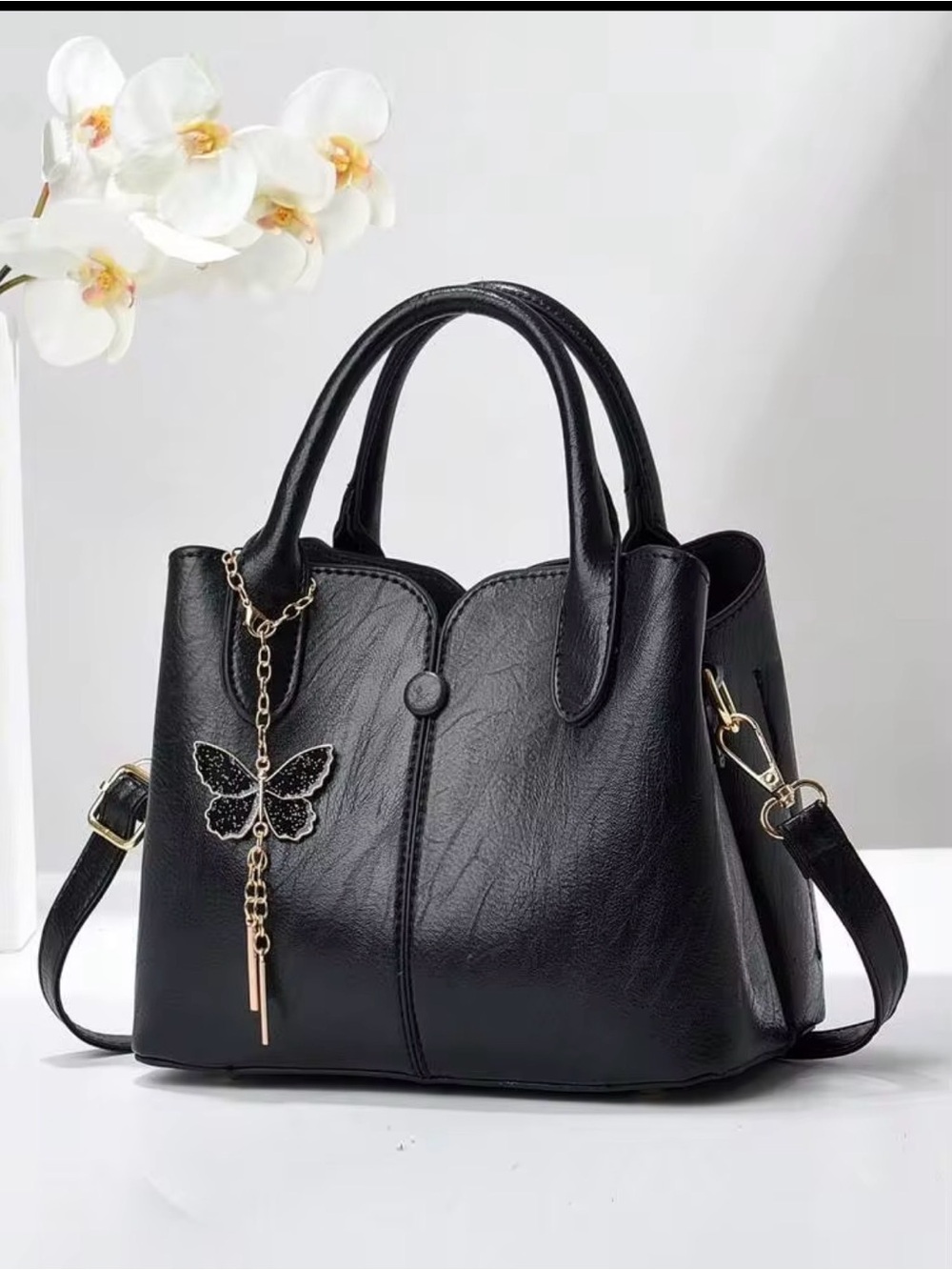 Classic Black Butterfly Charm Small Shoulder or Crossbody Bag - Women